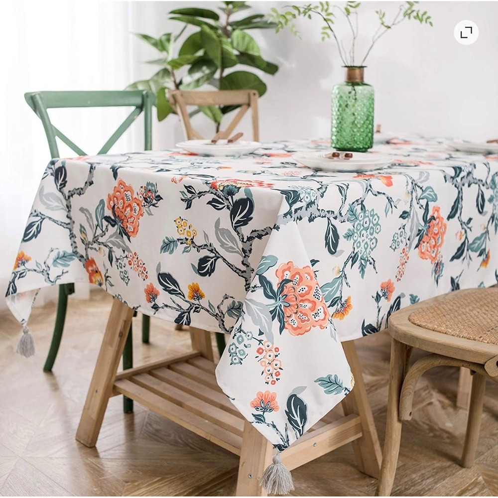 DriftAway Floral Tablecloth 54x72 Rectangular Tassel Trim White Orange Teal Boho
